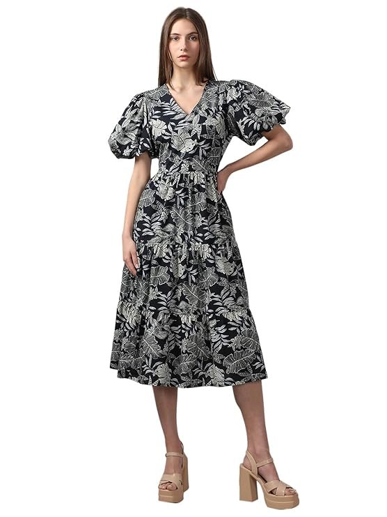 16-10.jpg VERO MODA Women Floral Printed V-Neck Puff Sleeve Fit & Flare Midi Dress