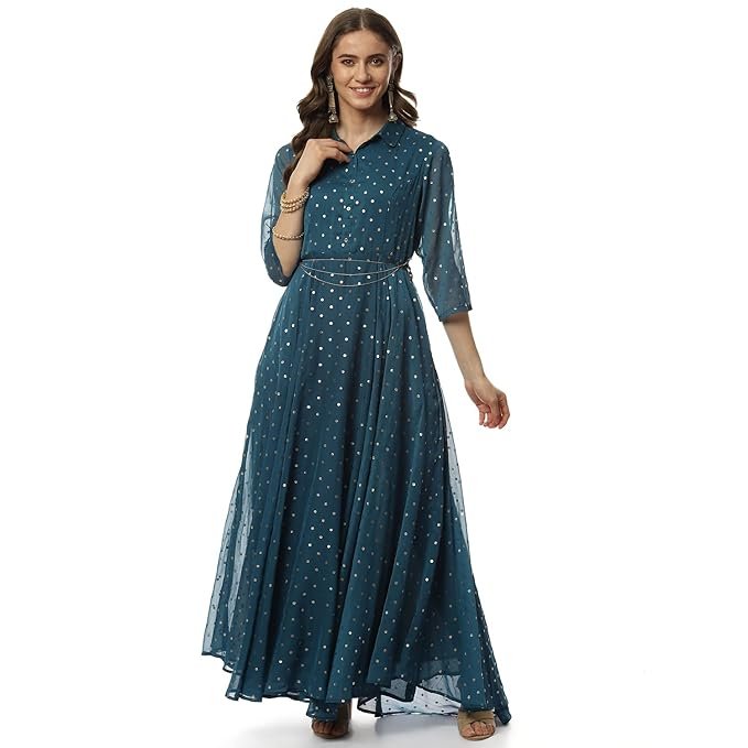 18-9.jpg BIBA Women Fit and Flare Below The Knee Art Silk Flared Printed Dress
