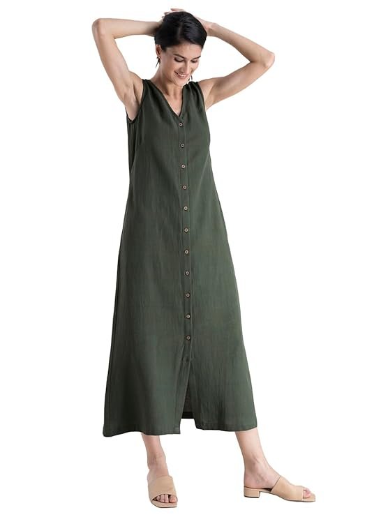 19-10.jpg FableStreet Cotton Button Down A-Line Dress - Olive