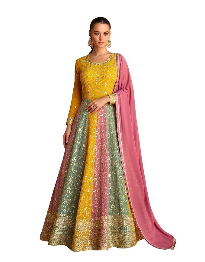 20-11.jpg Miss Ethnik Women's Yellow Faux Georgette Stitched Top with Dupatta Full Sleeve Embroidered Anarkali Gown
