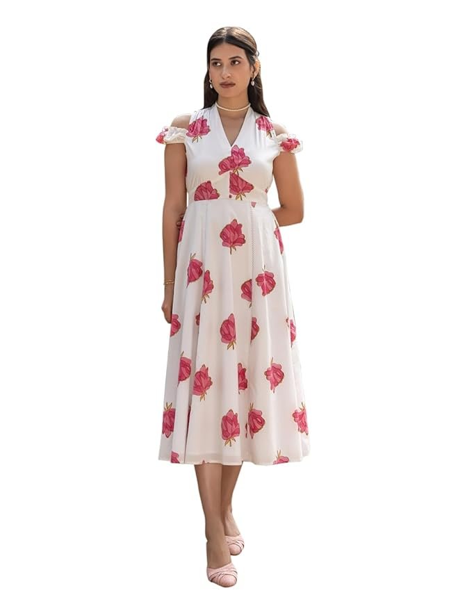 21-11.jpg FIORRA Women's White Floral Print Cotton Midi Dress